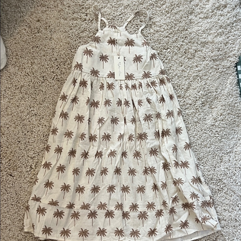 Rylee + Cru Cream and Brown Palm Print Dress